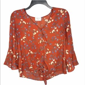 🌻Sienna Sky Brown Floral Bell Sleeve Blouse XS